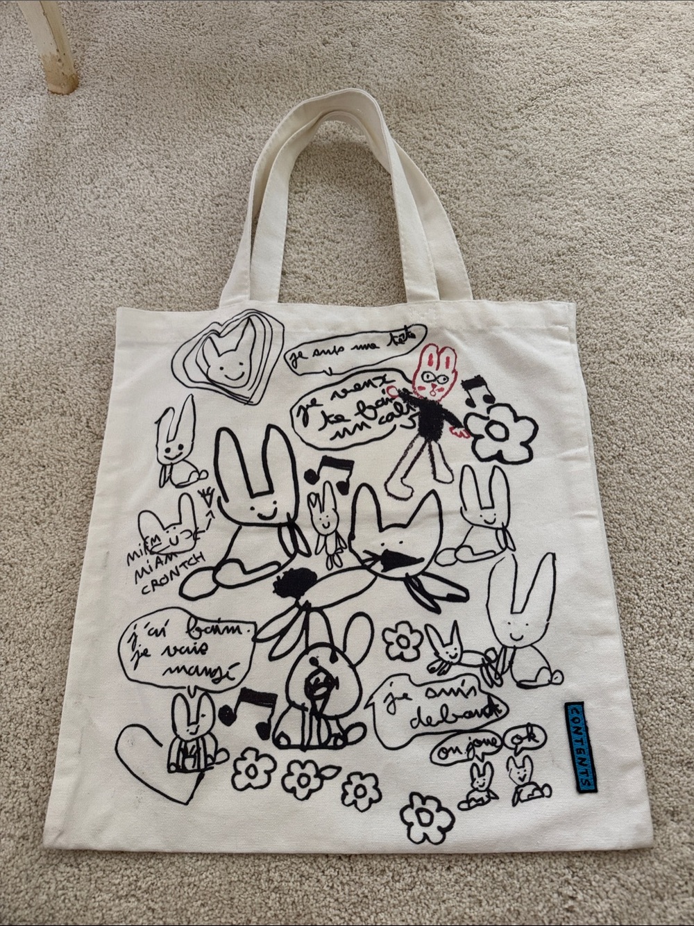 Urlazh White Canvas Tote eco Bag with Black Bunny Sketches -